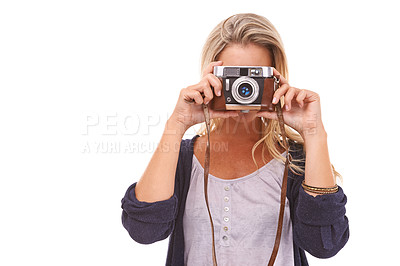 Buy stock photo Camera, photographer and mockup with a woman in studio isolated on white background taking a photograph. Vintage, focus or tourism with a female shooting a picture for travel memories on blank space