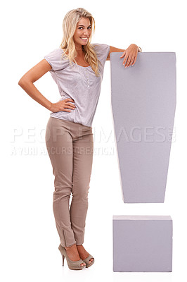 Buy stock photo Portrait, exclamation mark and grammar with a model woman in studio on a white background for an announcement or important news. Attention, exclamation and importance with a female standing indoor