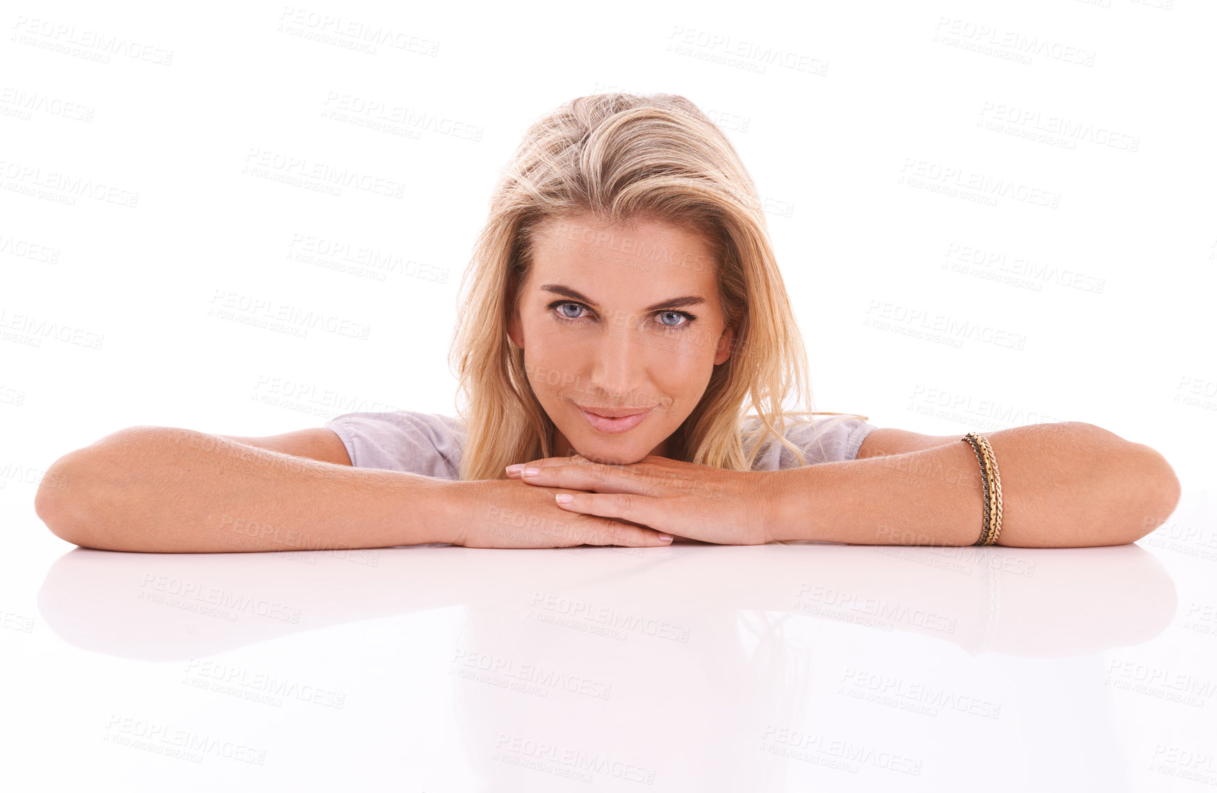 Buy stock photo Smile, calm and portrait of a woman with confidence, happiness and relax on a white background. Happy, pride and happy model resting, zen body language and confident isolated on a studio background