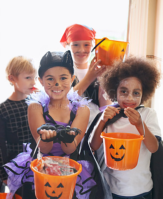 Buy stock photo Portrait of a little children trick-or-treating on halloween
