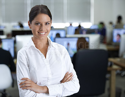 Buy stock photo Portrait, businesswoman and confident in office, happy and positive consultant in career in workplace. Young person, face and arms crossed in job pride, hr manager and professional worker in agency