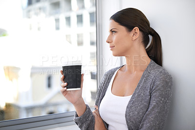 Buy stock photo Drinking coffee, thinking and business woman by window to relax, peace or calm in startup office. Dream, idea and creative professional with tea cup, espresso and vision for decision in the morning
