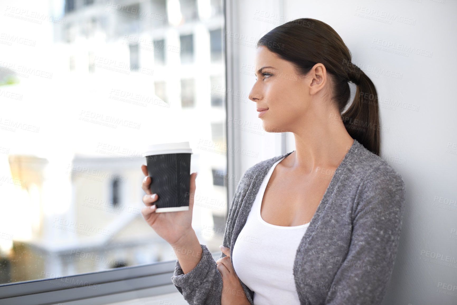 Buy stock photo Drinking coffee, thinking and business woman by window to relax, peace or calm in startup office. Dream, idea and creative professional with tea cup, espresso and vision for decision in the morning