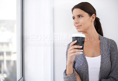 Buy stock photo Drinking coffee, idea and business woman by window to relax, peace or calm in startup office. Dream, thinking and creative professional with tea cup, espresso and vision for decision in the morning
