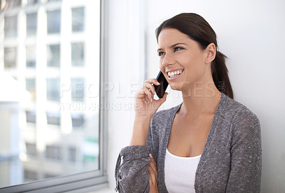 Buy stock photo Phone call, smile and business woman in office, communication and mobile conversation. Smartphone, happy and creative designer talking in chat to contact, connection or networking for news in startup