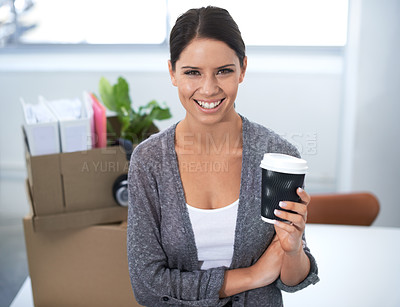 Buy stock photo Portrait, smile or happy businesswoman with coffee, latte or espresso beverage in creative startup. Morning, start or employee at new job moving into office drinking tea in cup with hot beverage
