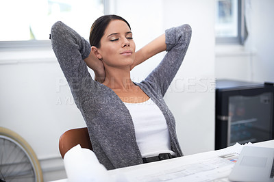 Buy stock photo Office, eyes closed or business woman relax after secretary work for wellness, rest or stress relief. Calm mindset, peace or professional receptionist with mental health break, easy and done with job