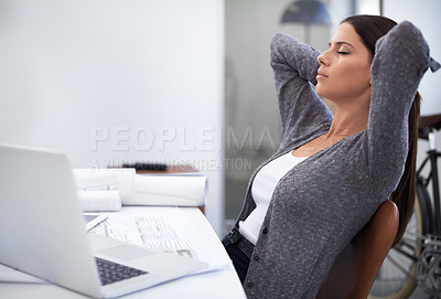 Buy stock photo Sleeping, eyes closed and office woman relax for wellness, rest or stress relief after architecture project. Calm mindset, zen and tired architect with mental health break, easy and done with job