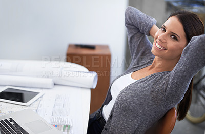 Buy stock photo Happiness, portrait and relax woman with office wellness, rest and stress relief after architecture design job. Smile, finish and professional architect leaning on chair, happy and done with project