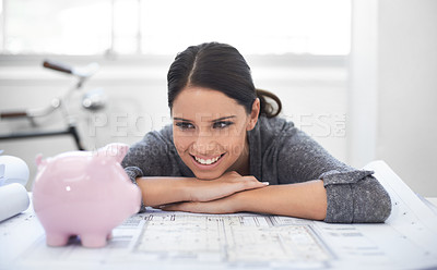 Buy stock photo Architect, investment or happy woman with piggy bank for financial wealth, profit or savings increase. Wait, growth or engineer with blueprint or budget tin for safety or insurance security in home