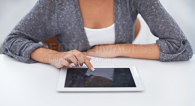Buy stock photo Tablet, screen or hands of woman at desk for networking on social media app, website and internet. Closeup, scroll or person with technology for planning, research project and info on mockup space