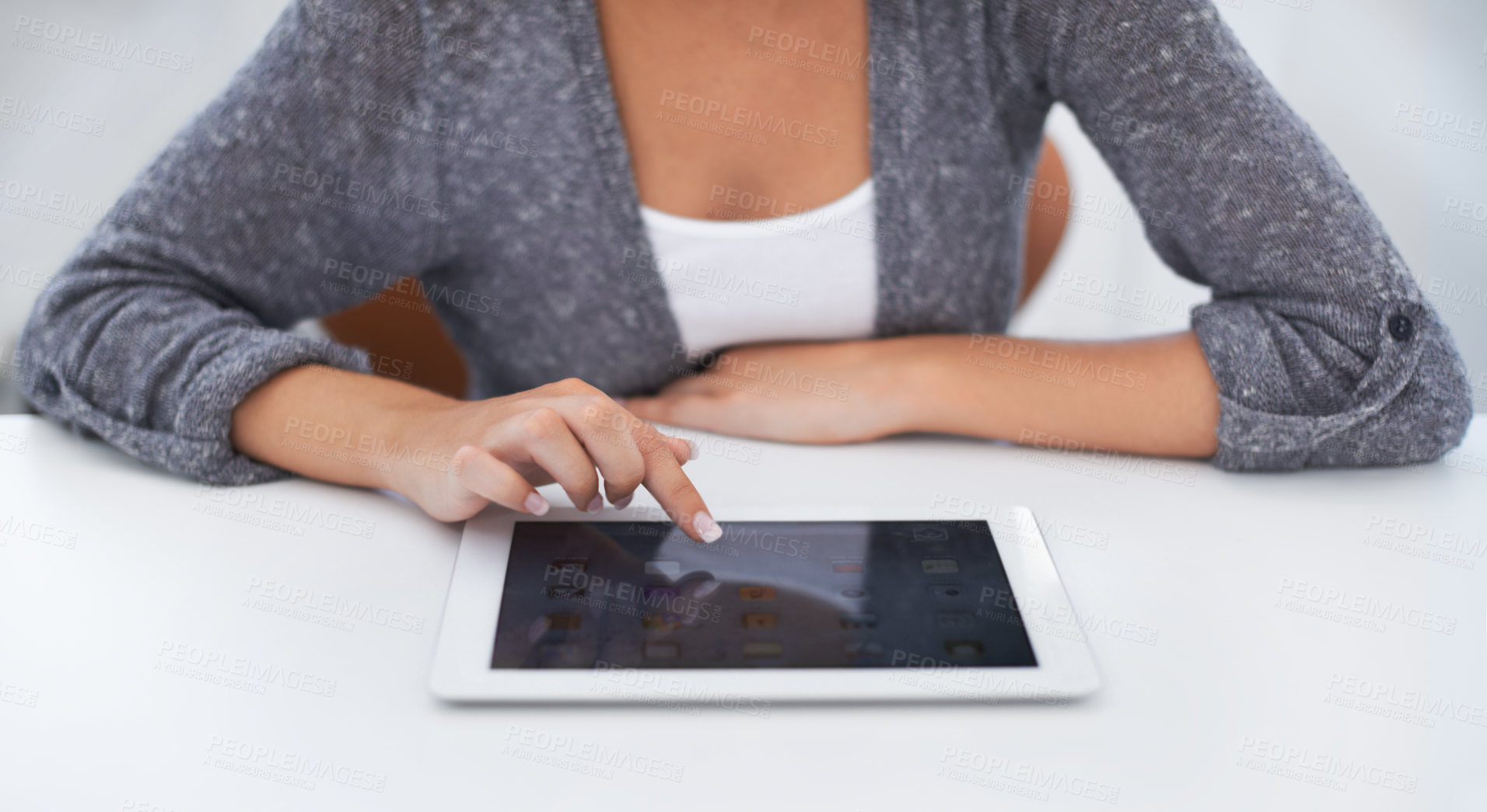 Buy stock photo Tablet, screen or hands of woman at desk for networking on social media app, website and internet. Closeup, scroll or person with technology for planning, research project and info on mockup space