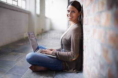 Buy stock photo Research, portrait or happy woman with laptop for online course on social media app, blog or web. Internet, smile or female person with technology for news, student project and information by a wall