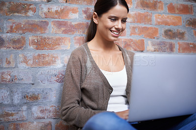 Buy stock photo Woman, laptop and student studying with research online, education and learning for course and technology. Smile, reading information and search internet for project, elearning and website with 