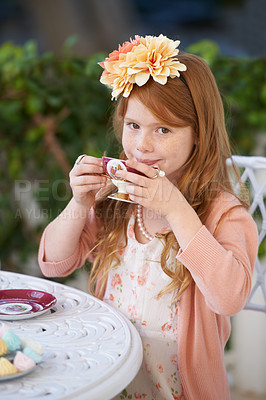 Buy stock photo Girl, child and portrait with tea in garden with party for birthday, celebration and playing outdoor in home. Person, kid and porcelain cup in backyard of house with dress up, happy and role play fun