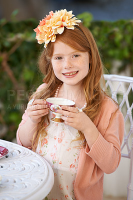 Buy stock photo Kids, tea party and portrait of girl in a garden for playing, fun and fantasy outdoor. Children, face and kid smile in a backyard with elegant, fancy or creative celebration, games or birthday theme