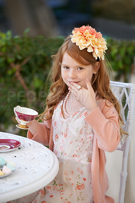 Buy stock photo Tea party, kids and portrait of girl in a garden for playing, fun and fantasy outdoor. Children, face and kid relax in a backyard with elegant, fancy or creative celebration, games or birthday theme