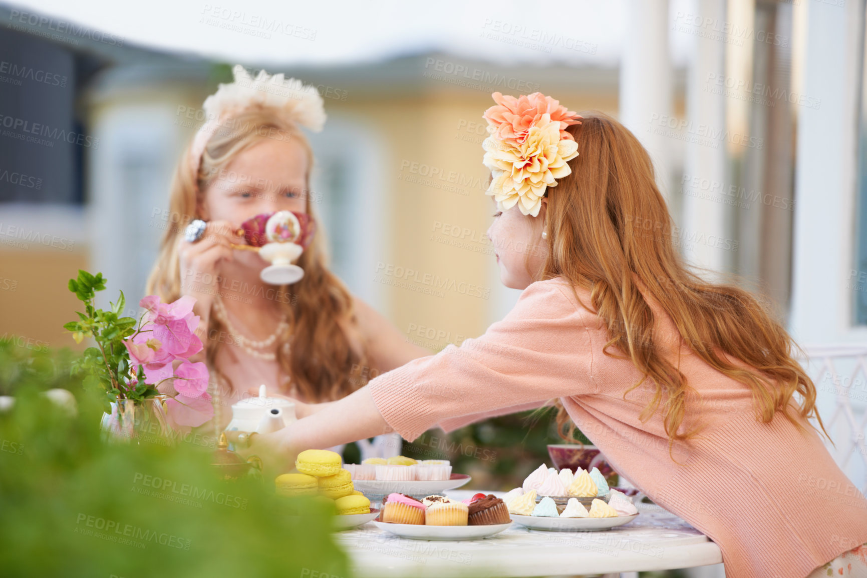 Buy stock photo Girls, children and friends at tea party outdoor for fantasy play in garden for cake, birthday or game. Kids, youth and fancy dress up in nature for summer bonding in backyard, beverage or preschool