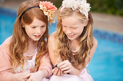 Buy stock photo Children, friends and fancy dress up clothes or costume birthday party, fantasy or play. Girls, jewelry and accessories at home or outdoor for young friendship bonding in garden, chatting or siblings