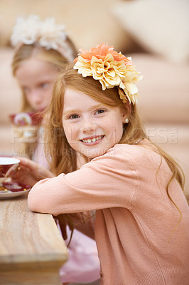 Buy stock photo Girl, child and portrait with happiness at tea party in garden for birthday, celebration and playing outdoor in home. Person, kid and face in backyard of house with dress up, flower and role play fun