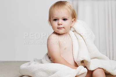 Buy stock photo Baby on bed, clean with towel and bath for morning routine with health, wellness and growth in house. Cute happy toddler in bedroom with hygiene, relax and calm bedtime for child development in home.