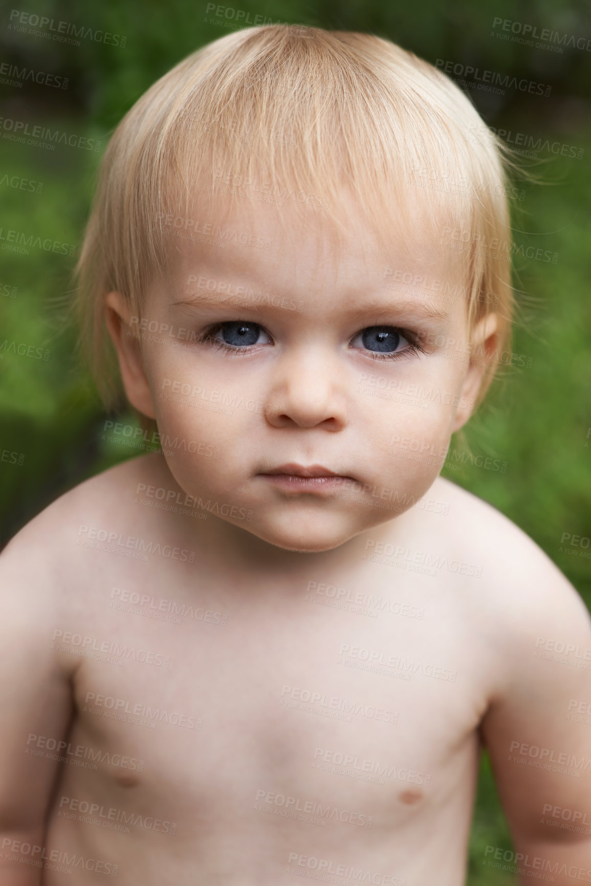 Buy stock photo Baby, standing and portrait in outdoor, development and growth for curiosity, backyard and home. Toddler, child and face in garden, alone and childhood memories for wellness, milestone and exploring