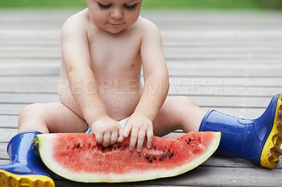 Buy stock photo Baby, playing with watermelon and outdoor, backyard and  development with growth, curiosity and home. Toddler, child and infant in garden, alone and childhood for wellness, milestone and coordination