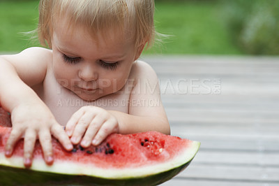 Buy stock photo Boy, playing with watermelon and fruit in backyard, outdoor and development with growth, fruit and home. Toddler, child and infant in garden, alone and childhood to eat, milestone or coordination