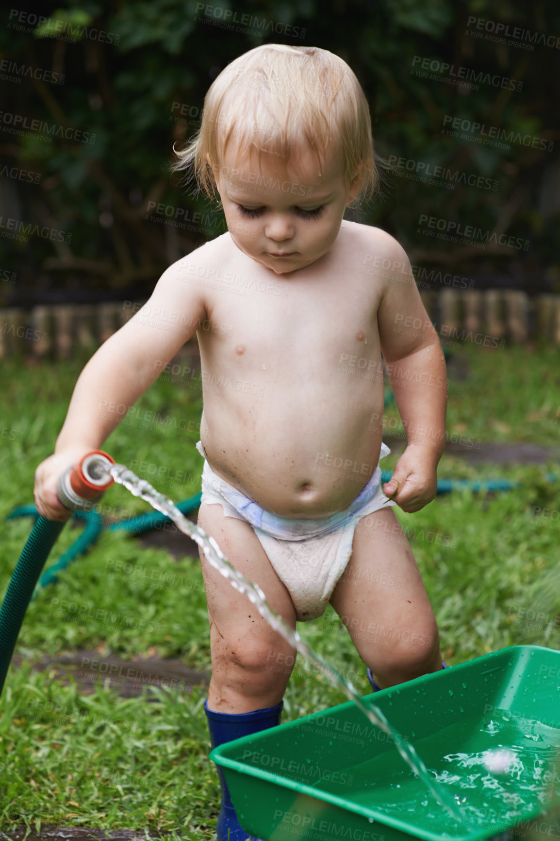 Buy stock photo Baby, playing with hose and gardening, water and  development with bucket, curiosity and backyard. Toddler, child and infant in garden, alone and childhood for skills, milestone and coordination