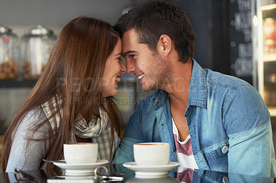 Buy stock photo Love, forehead touch and happy couple in cafe, care and bonding together on valentines day date. Romance, man and woman in restaurant with coffee for connection, commitment and relationship in shop