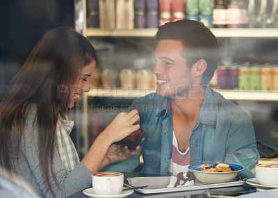 Buy stock photo Food, smile and couple eating in cafe, care and bonding together on valentines day date. Happy, man and woman in restaurant with coffee drink for breakfast, love or relationship conversation in shop