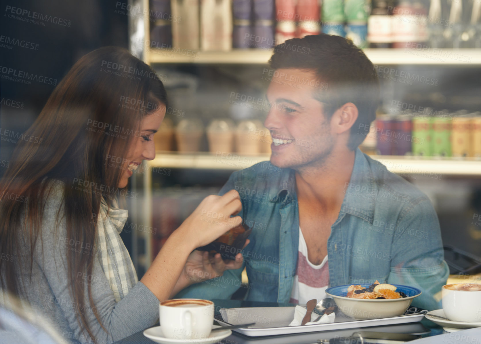 Buy stock photo Food, smile and couple eating in cafe, care and bonding together on valentines day date. Happy, man and woman in restaurant with coffee drink for breakfast, love or relationship conversation in shop