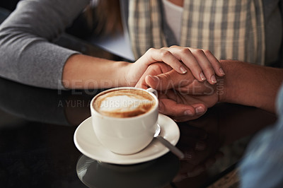 Buy stock photo Coffee cup, cafe and relax couple holding hands for support, comfort or love on morning date with caffeine beverage. Wellness, marriage partner or closeup of people bonding over restaurant drink