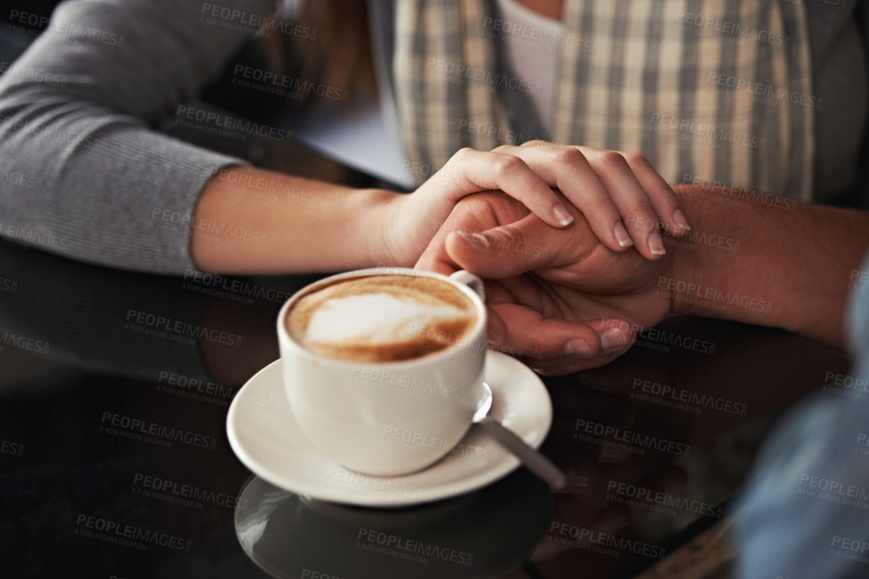 Buy stock photo Coffee cup, cafe and relax couple holding hands for support, comfort or love on morning date with caffeine beverage. Wellness, marriage partner or closeup of people bonding over restaurant drink