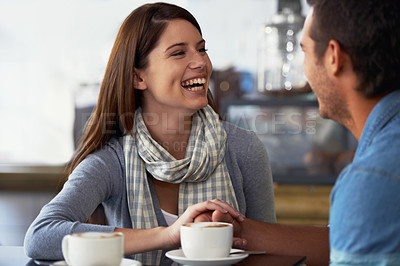 Buy stock photo Relax couple, coffee shop and woman laughing over funny joke, conversation or romantic date in diner, cafe or restaurant. Relationship humour, comedy and cafeteria people bonding over espresso drinks