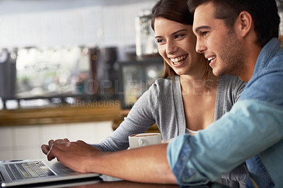 Buy stock photo Laptop, coffee shop or happy couple of business owner reading customer experience, service insight or research. Entrepreneur, teamwork or people check cafe feedback, hospitality review or online menu