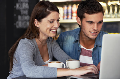 Buy stock photo Laptop, coffee shop and couple for business owner planning customer experience, service insight or research. Restaurant, collaboration and team typing cafe feedback, hospitality review or online menu