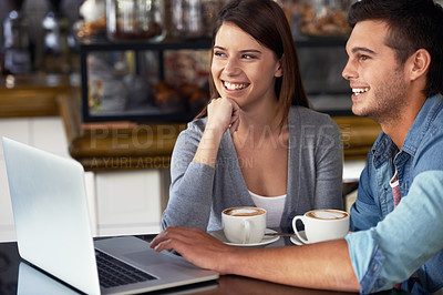 Buy stock photo Laptop, smile and relax couple on coffee shop date, lunch break or working on online social media in cafeteria. Relationship partner, computer and happy people in cafe, restaurant or diner