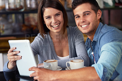 Buy stock photo Portrait, coffee shop and couple of business owner with tablet for management of diner, services or research. Entrepreneur, teamwork and people check cafe feedback, hospitality review or online menu