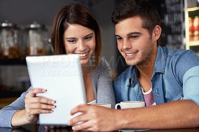 Buy stock photo Tablet, cafe and happy couple of people reading online article on restaurant service, diner menu and check customer experience. Remote work, cafeteria and freelance team cooperation on project study