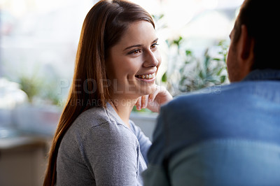 Buy stock photo Cafe, relax woman and couple smile for romantic date, care or enjoy conversation in diner, cafeteria or restaurant. Relationship, hospitality service or happy girlfriend talking with flirting partner