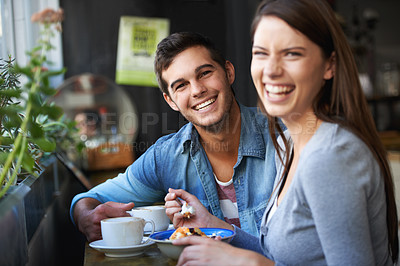Buy stock photo Food, portrait and happy couple eating in cafe, laugh and bonding together on valentines day date in the morning. Face smile, man and woman in restaurant with breakfast coffee, love and relationship