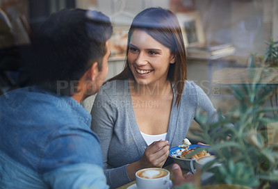 Buy stock photo Smile, love and couple eating in cafe, drinking coffee and bonding together on valentines day date in the morning. Happy, man and woman in restaurant with breakfast espresso, food and conversation