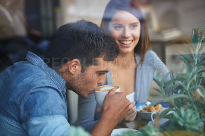 Buy stock photo Relax man, coffee cup and couple on restaurant date, lunch break or enjoy caffeine beverage, latte or espresso. Relationship, cafe window and people drinking coco, cacao liquid or cappuccino in diner