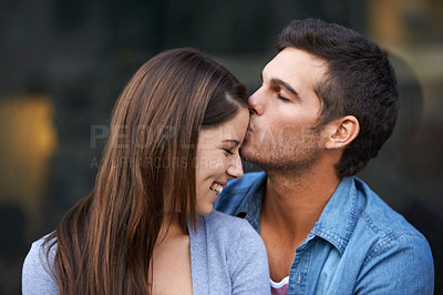 Buy stock photo Love, kiss forehead and a happy couple outdoor for care, commitment and people in connection. Romance, man and woman together for bonding, smile in relationship and affection on valentines day date