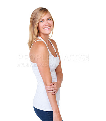 Buy stock photo Portrait of a beautiful and positive young woman