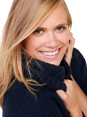 Buy stock photo Scarf, winter fashion or portrait of happy woman in studio for cool, trendy or comfortable outfit. Face, smile or female model with satisfaction in cosy, style or casual clothing on white background