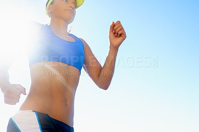 Buy stock photo Sports, beach and young woman running for race, competition or marathon training exercise. Fitness, mockup space and female athlete runner with cardio workout for endurance and speed by ocean or sea.