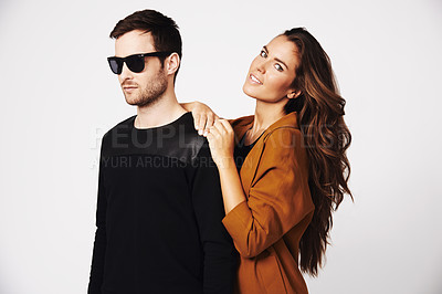 Buy stock photo Portrait of a beautiful young woman leaning against her boyfriend