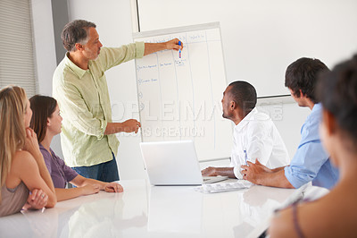 Buy stock photo Presentation meeting board, business people and manager discussion, report or executive explain agenda, plan or info. Speaker, startup CEO and group listen to project briefing, schedule or task list